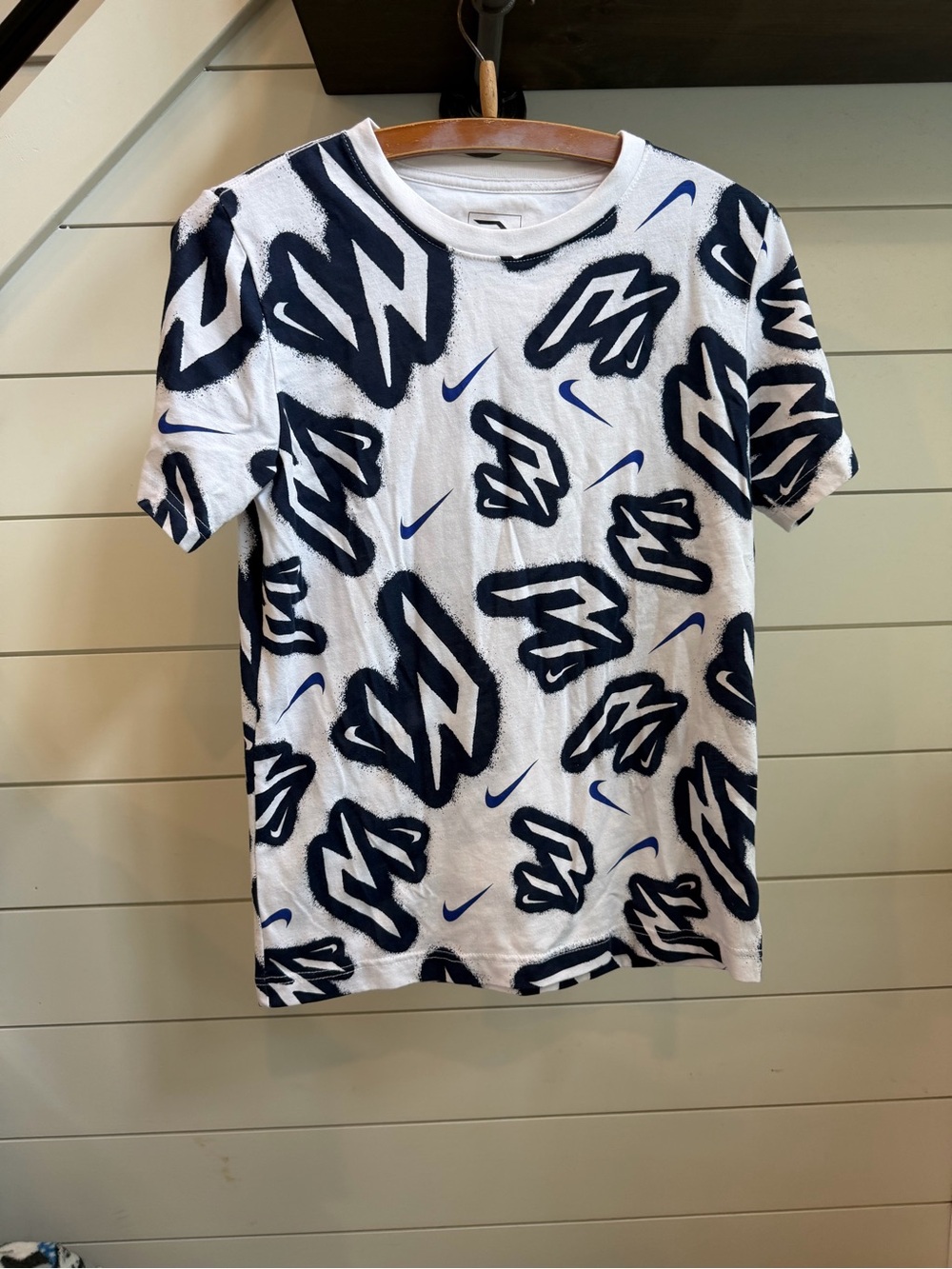 Nike White T-Shirt with Navy & Blue Graphic Print